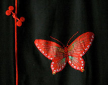 vintage black Cheongsam dress butterfly appliques red piping