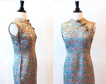 Vintage Cheongsam Dress, Chinese Style Dress, 50s Celedon Green Sheath Dress