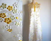 Vintage 60s Ivory Satin Gown, 1960s Empire Waist Dress, Golden Flower Dress