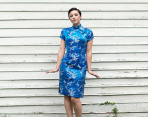 Vintage Cheongsam - Vintage Wiggle Dress - Royal Hawaiian Dress - Mid Century Dress - Peacock Blue Dress - Madarin Collar Asian
