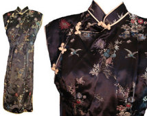 Vintage 50s Party Dress Black Cheongsam Chinese Oriental Wiggle Dress S-XS