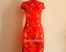 Vintage Phoenix Dress with Side Slits,Short Chinese Qipao,Red Weddding Dress,Traditional Chinese Cheongsam/Chipao,Elegant Chinese Dress