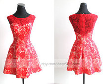 SIZE 2/4/6/8 IN STOCK Red Lace Short Prom Dress/  Cocktail Dress/ Formal Dress/  Lace bridesmaid Dress/ Qipao Dress/short Bridesmaid Dress