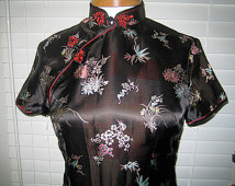 Vintage 1990's Black Silk Cheongsam Chinese Wiggle Maxi Dress - Bust 36