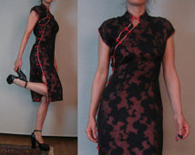 40s 50s NUDE ILLUSION EMBROIDERED Lace Vases Floral Champagne Pink Red Wine Black Cheongsam Wrap Wiggle Dress xs sm 1940s 1950s