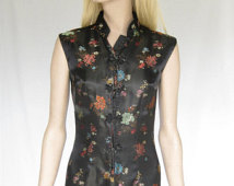Vintage 50s Black Satin Cheongsam Dress