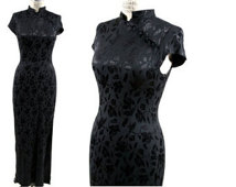 1990s Vintage Dress // Black Cheongsam // Minimal Goth // Black Rose Damask // Small // Maxi