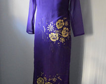 Vintage Cheongsam Dress Sheer Purple Fabric with Hand Painted Gold Flowers