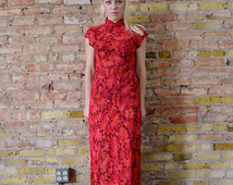 fire on pamir 90s CHEONGSAM / vintage cheongsam / sheer cheongsam / long cheongsam / mandarin maxi dress / bias cut maxi / red asian dress