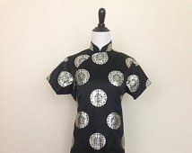 SALE!  1970’s Asian Cheongsam, Black Satin Dress  with Silver Medallions