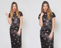 Vintage 70s Black Cheongsam Dress ASIAN Dress SATIN Mandarin Brocade FLORAL Sleeveless Dress Fitted Wiggle Dress