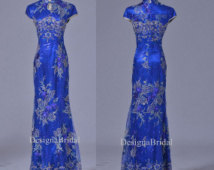 Blue Qipao Dress Long,Lace Chinese Vintage Cheongsam Stand-up Collar,Gold Fishtail Traditional Chinese Dress,Chinese Wedding Party Dress