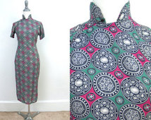 vintage cheongsam XS 50s 60s extra small dress // black white pink green geometric print