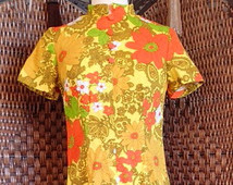 Orange and Yellow Floral 70s Qipao Style Full Length Dress Sz S