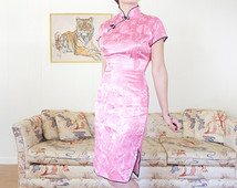 Vintage 1950 Mandarin Cheongsam Dress Pink Pastel Powder Authentic Femme Domme Bondage Naughty Nurse X Small