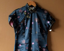 Vintage Black Cheongsam Long Floral Asian Dress China Doll Chinoiserie M