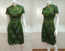 vintage cheongsam dress // damask green satin dress // 1950s // medium