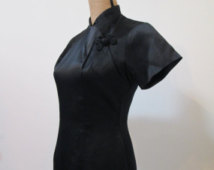 Classic 1950s Vintage Cheongsam Deep Black Satin Extreme Hourglass Cocktail Dress, Nipped Waist, Hourglass,1950s Dress,Suzie Wong, VLV, 50s