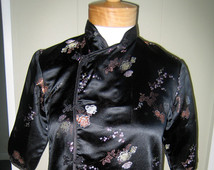 Vintage 1990's ladies Chinese Oriental Cheongsam Black Rayon Floral Top Blouse - xs/small