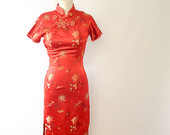 Vintage 60's Red Mandarin Collar Chinese Dress with Floral Print // Made in Shanghai , China // Asian Dress // Peony Brand