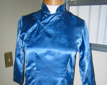 Vintage 1990's Chinese Oriental Cheongsam Style Rayon Cobalt Top - small/medium