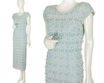 vintage 50s bead crusted ice blue cheongsam column gown, dangling chrysanthemum motif, traditional Chinese qipao dress, size XS