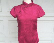 Fuchsia Pink Silk Cheongsam Blouse Chinese Mandarin Collar Top Brocade Vintage Asian XS Small