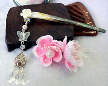 Chinese Black Lip Shell and Cherry Blossom Hairstick