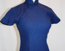 1970's Blue Dress Sapphire Wool Cheongsam Qipao Traditonal Size Small Vintage REtro 70s Traditonal Asian Wiggle SExy Oriental