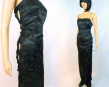 Asian Cut Out Dress Spaghetti Strap 80s 90s Wiggle Long Black Cheongsam Gown Fitted Sleeveless Slits Goth Prom Shiny Sexy Dominatrix Rocker