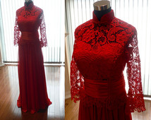 Chinese wedding dress, red cheongsam dress, red lace dress, red qipao dress