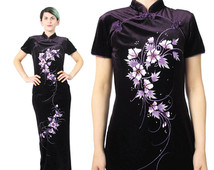1990s Asian Dress Chinese Velvet Dress Purple Velvet Maxi Dress Mandarin Collar Qipao Sparkly Floral Hand Painted Velvet Evening Gown (S/M)