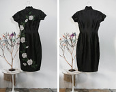 Vintage Black Cheongsam Dress/Beaded Silver Roses Design