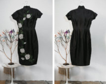 Vintage Black Cheongsam Dress/Beaded Silver Roses Design