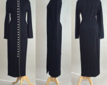 80s Wool Dress / Vintage 1980s Dress / 80s Vintage Black Dress / Vintage Dress / Black Wool Dress / Vintage Long Black Cheongsam
