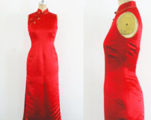 Vintage Red Chinese Dress Cheongsam Qipao Red Cheongsam Red Qipao Red Silk Chinese Dress Red Satin Chinese Dress Small Size 4