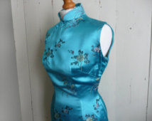 Vintage Chinese dress - vintage cheongsam - turquoise satin brocade cheongsam - vintage Chinese brocade dress - turquoise satin dress