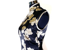 Black Golden Qipao Cheongsam with Floral Print, Oriental Black Golden Cocktail Dress