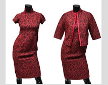 Cheongsam Suit Sz XS Black Red Vintage Early 60s Curvy Floral Jacquard Dress Jacket
