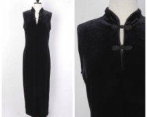 Black Velvet Fitted Formal Length Cheongsam Cocktail Dress Sleeveless Body Con Long Party LBD Small Medium