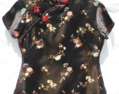 Ladies black cheongsam top; vintage; blouse; small