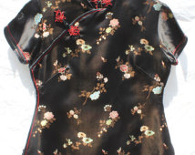 Ladies black cheongsam top; vintage; blouse; small
