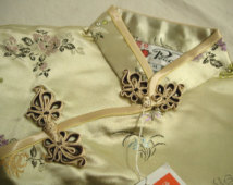 Girls Childs Pale Gold Satin Qipao Mandarin Collar Dress Double Peach Cheongsam size 14 NWT NOS