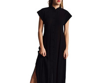 Black Asian Knot Dress Vintage Black Cheongsam Dress Chinese Ethnic Qipao Minimalist XS S M