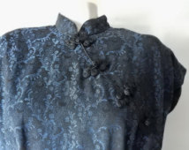 Size 10 12 Cheongsam Dress - Long Full Length - Cap Sleeve - Blue & Black Brocade - Formal Evening