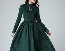 Green Corduroy dress maxi dress women long dress prom dress   1471