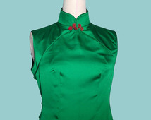 Jade Green Sleeveless Silky Qipao Cheongsam Top, Oriental Dress, Chinese Dress