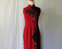 Vintage Cheongsam or Ao dai Red Embellished Gown Chinese Wedding Dress Small NEW