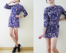 Kung Fu dress,Blue Paisley Print Cheongsam / QiPao Chinese micro mini dress, mandarin collar,3/4 sleeve,oriental,grunge,body con,cyber, XS-S