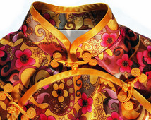 Chrome Yellow/Red Chinese Qipao Cheongsam Top with Floral Print, Oriental Dress, Chinese Dress